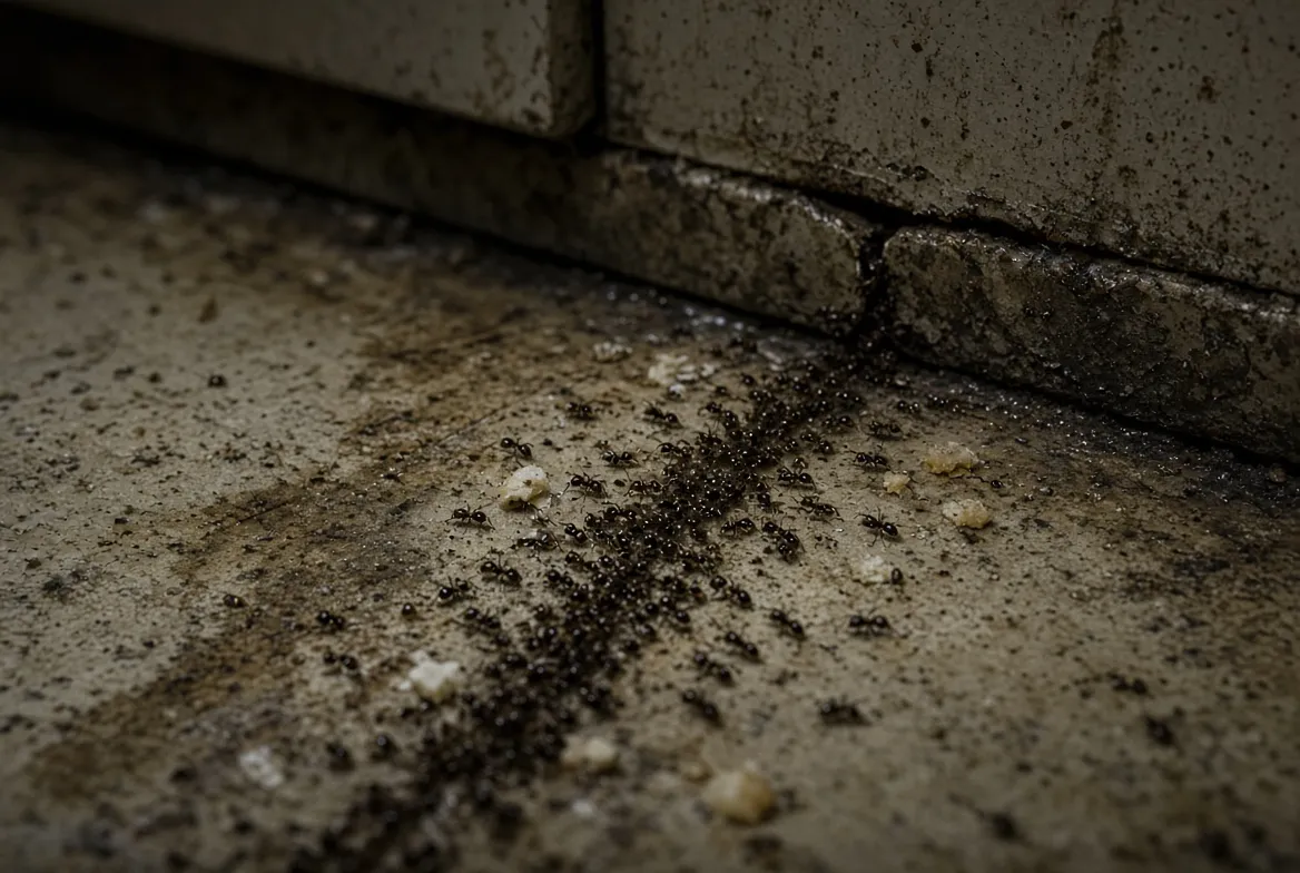 Line of ants trailing along a foundation crack at the base of a wall
