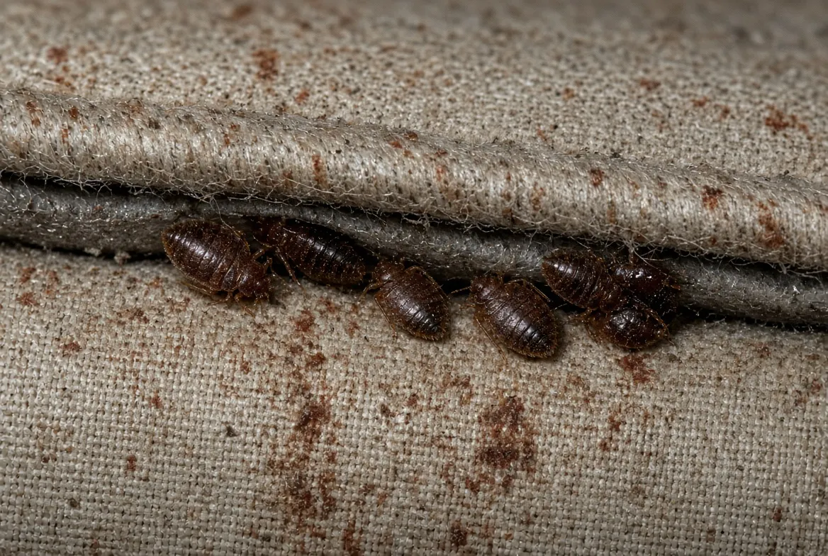 Bed bugs clustered in the seam of a mattress