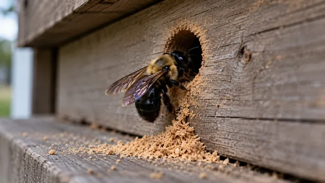 Carpenter bee at a round hole in weathered wood, with a pile of sawdust below