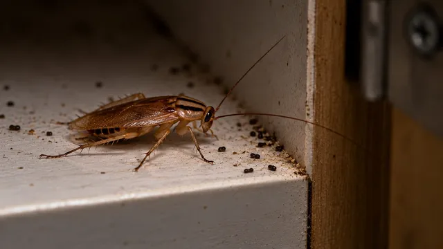 German cockroach on the edge of a kitchen cabinet shelf, with droppings nearby