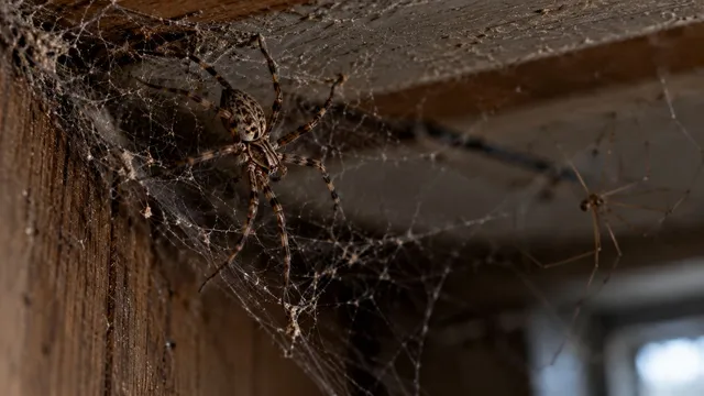 House spider on a web in a basement ceiling corner, with a long-legged cellar spider in the background