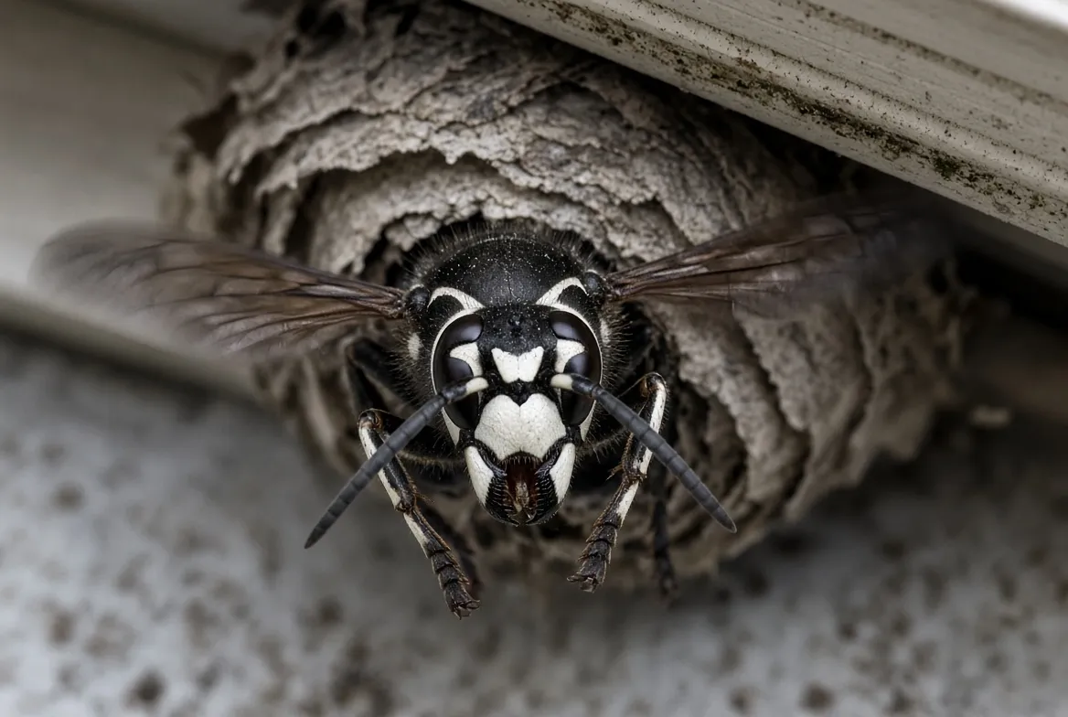 Bald-faced hornet guarding a paper nest under the eave of a home