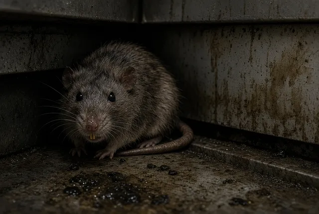 Rat along the wall of a garage, a common sign of rodent activity