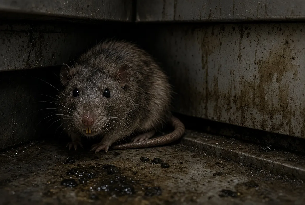 Rat along the wall of a garage, a common sign of rodent activity