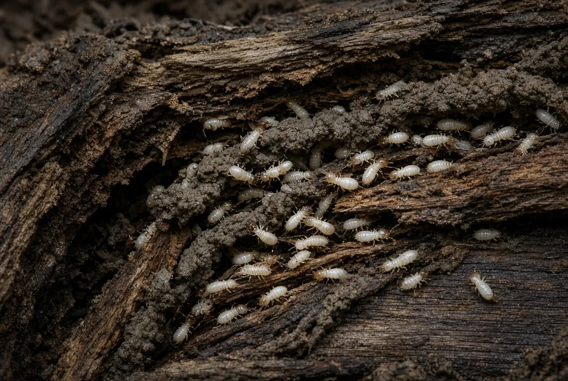 Termites and mud tunnels exposed in damaged wood